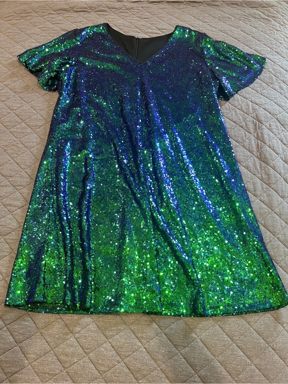 Iridescent Blue-Green Sequin V-Neck Mini Dress